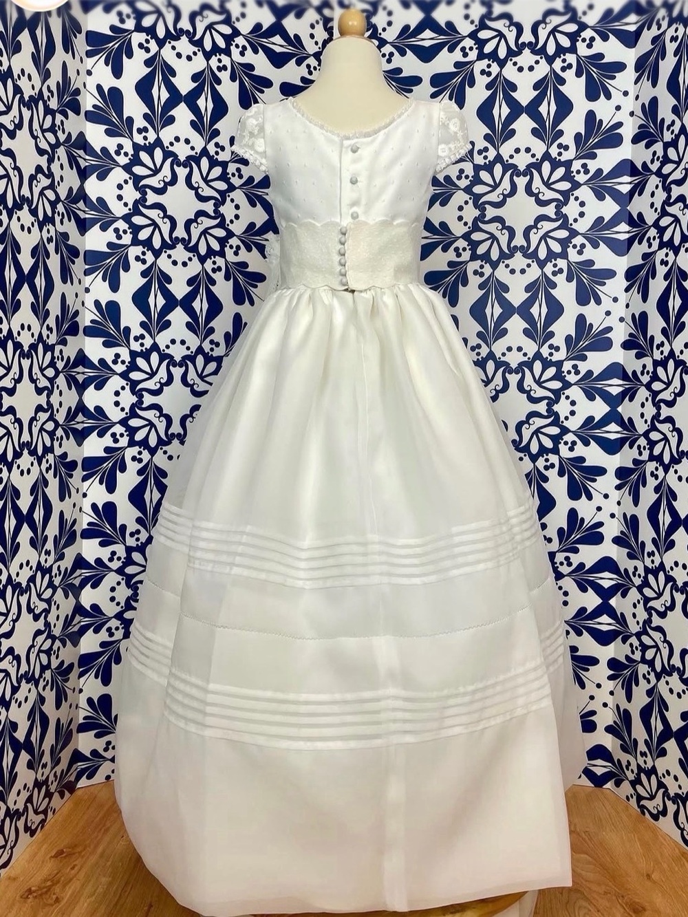 Marta y Paula Girls' White Satin Communion Dress with Lace Cap Sleeves